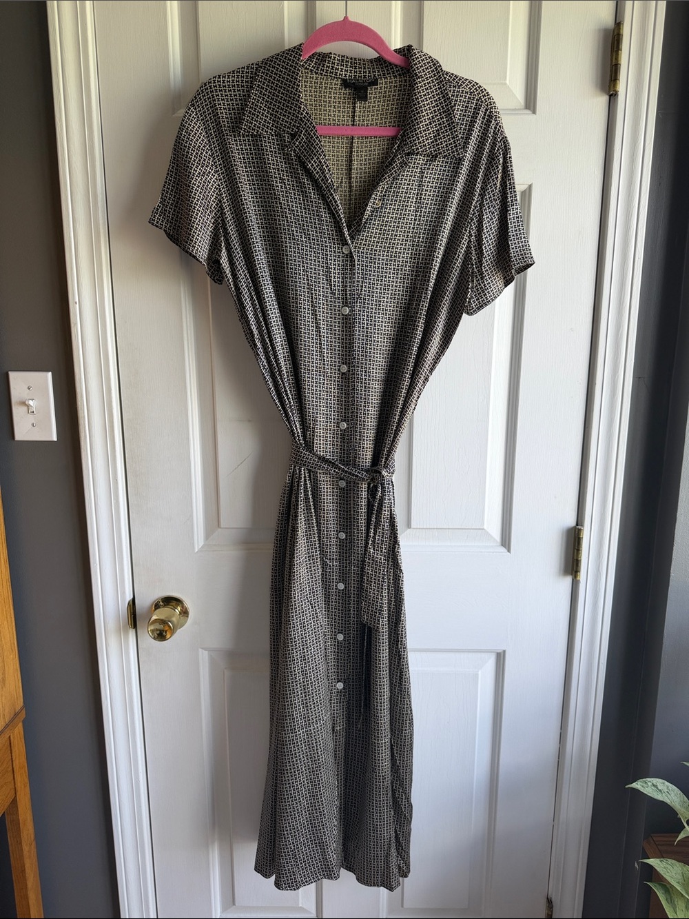 Halston Button-Front Silk Shirt Dress in Black and Beige